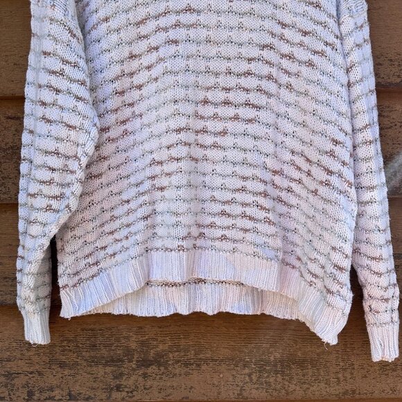 Vintage Oversized Knit Cream Sweater With Brown Pattern Long Sleeves Crewneck Li - Picture 3 of 6